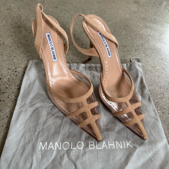 Manolo Blahnik Tan Suede PVC Women's Heel Shoe - Picture 1 of 4